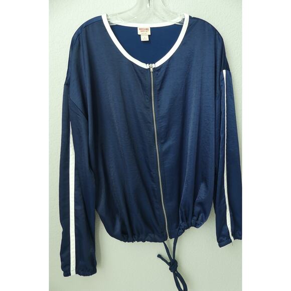 Woman's Blue Satin Jacket LARGE Zip-Up Y2K White Trim Cinch Tie Waist - Picture 2 of 7